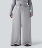 Plus Size High Waisted Drawstring Wide Leg Casual Trousers with Pockets — Fog Gray — view 2