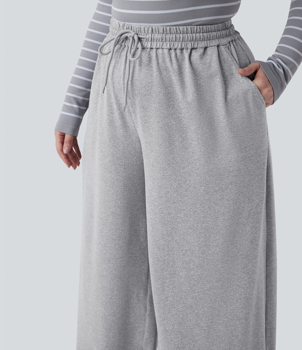 Plus Size High Waisted Drawstring Wide Leg Casual Trousers with Pockets — Fog Gray — view 6