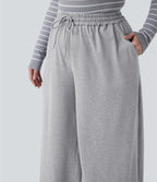 Plus Size High Waisted Drawstring Wide Leg Casual Trousers with Pockets — Fog Gray — view 6