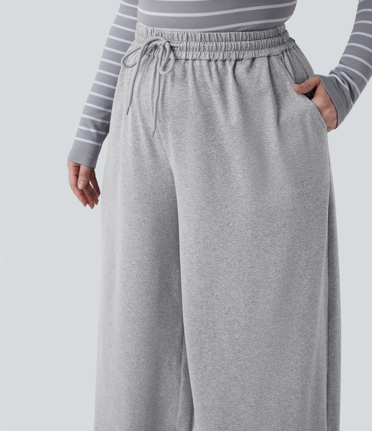 Plus Size High Waisted Drawstring Wide Leg Casual Trousers with Pockets — Fog Gray — view 6