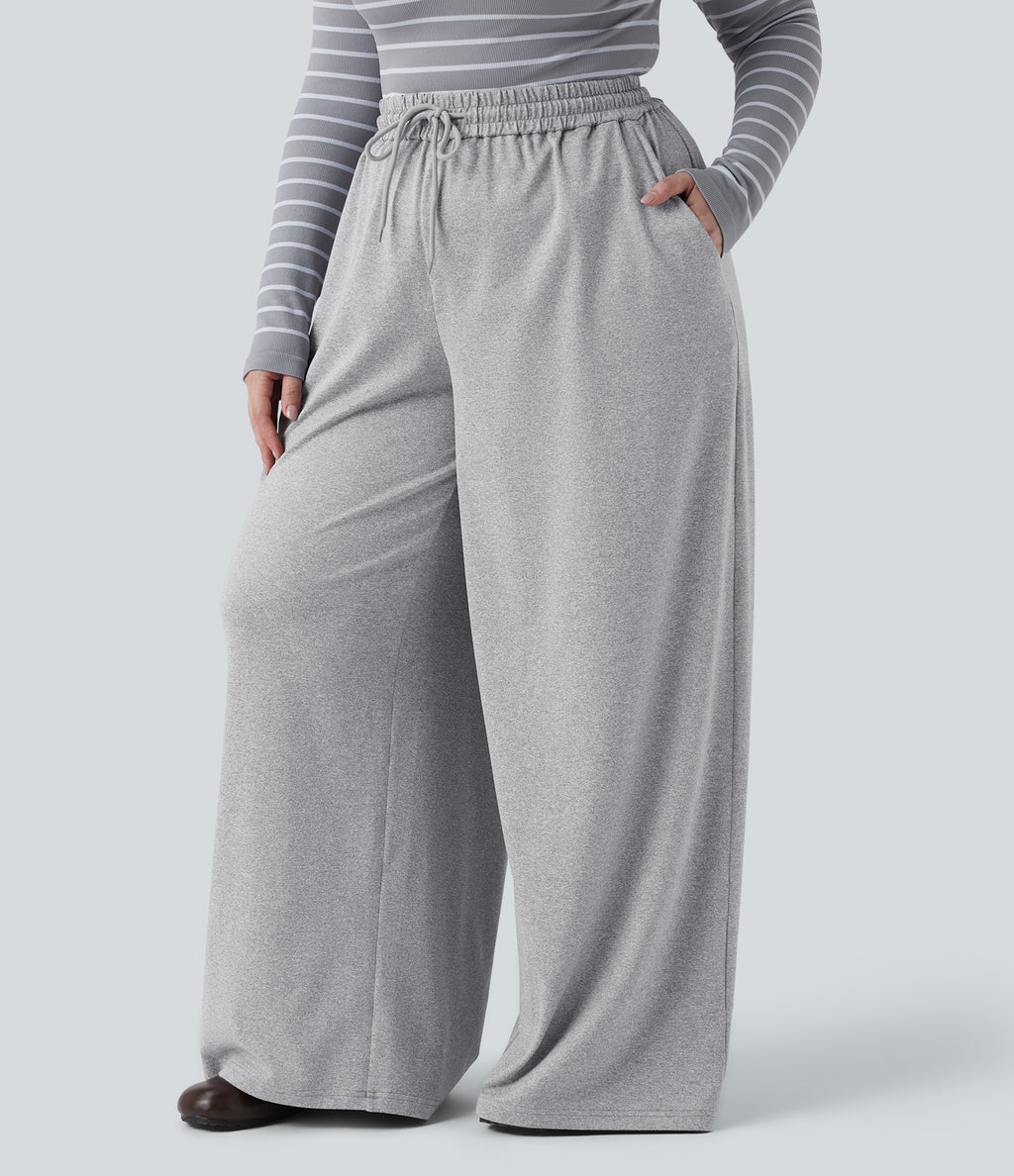 Plus Size High Waisted Drawstring Wide Leg Casual Trousers with Pockets — Fog Gray — view 4
