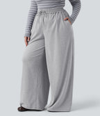 Plus Size High Waisted Drawstring Wide Leg Casual Trousers with Pockets — Fog Gray — view 4
