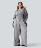 Plus Size High Waisted Drawstring Wide Leg Casual Trousers with Pockets — Fog Gray — view 7