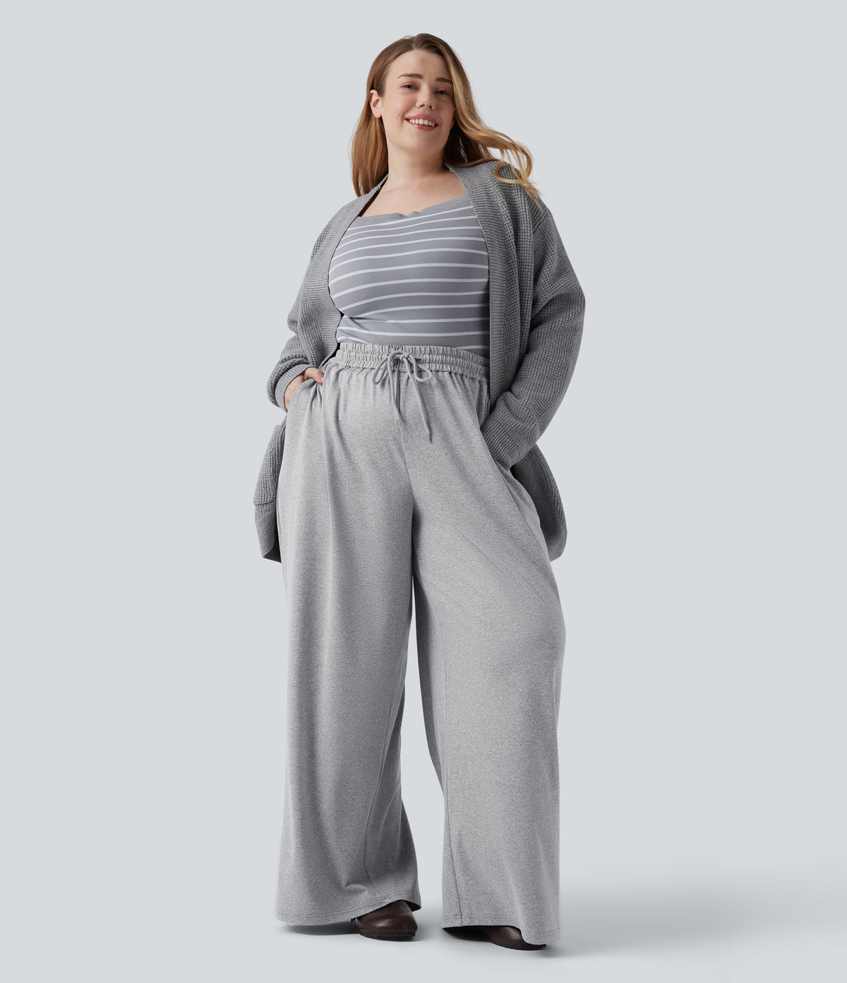 Plus Size High Waisted Drawstring Wide Leg Casual Trousers with Pockets — Fog Gray — view 7