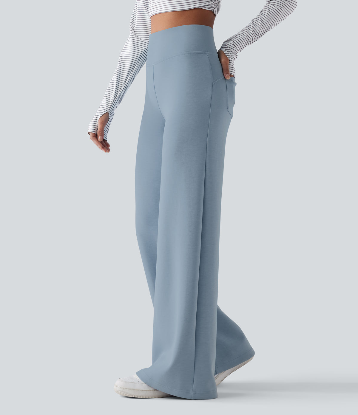 SpacerTek High Waisted Casual Baggy Trousers with Pockets — Ashley Blue — view 1