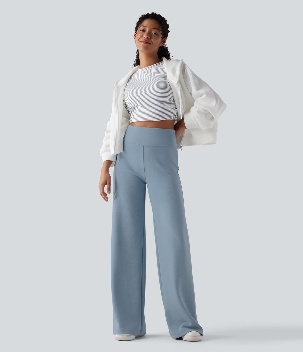 SpacerTek High Waisted Casual Baggy Trousers with Pockets — Ashley Blue — view 6