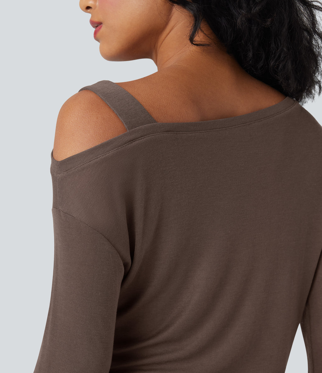One-Shoulder Long Sleeve Asymmetrical Casual Wool-Blend T-Shirt — Coffee Quartz — view 5
