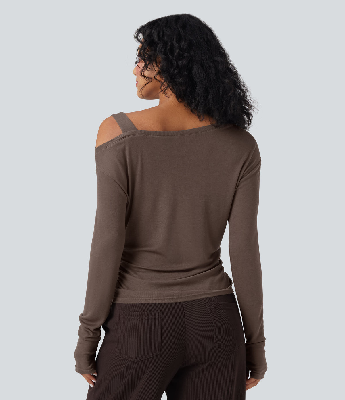 One-Shoulder Long Sleeve Asymmetrical Casual Wool-Blend T-Shirt — Coffee Quartz — view 3