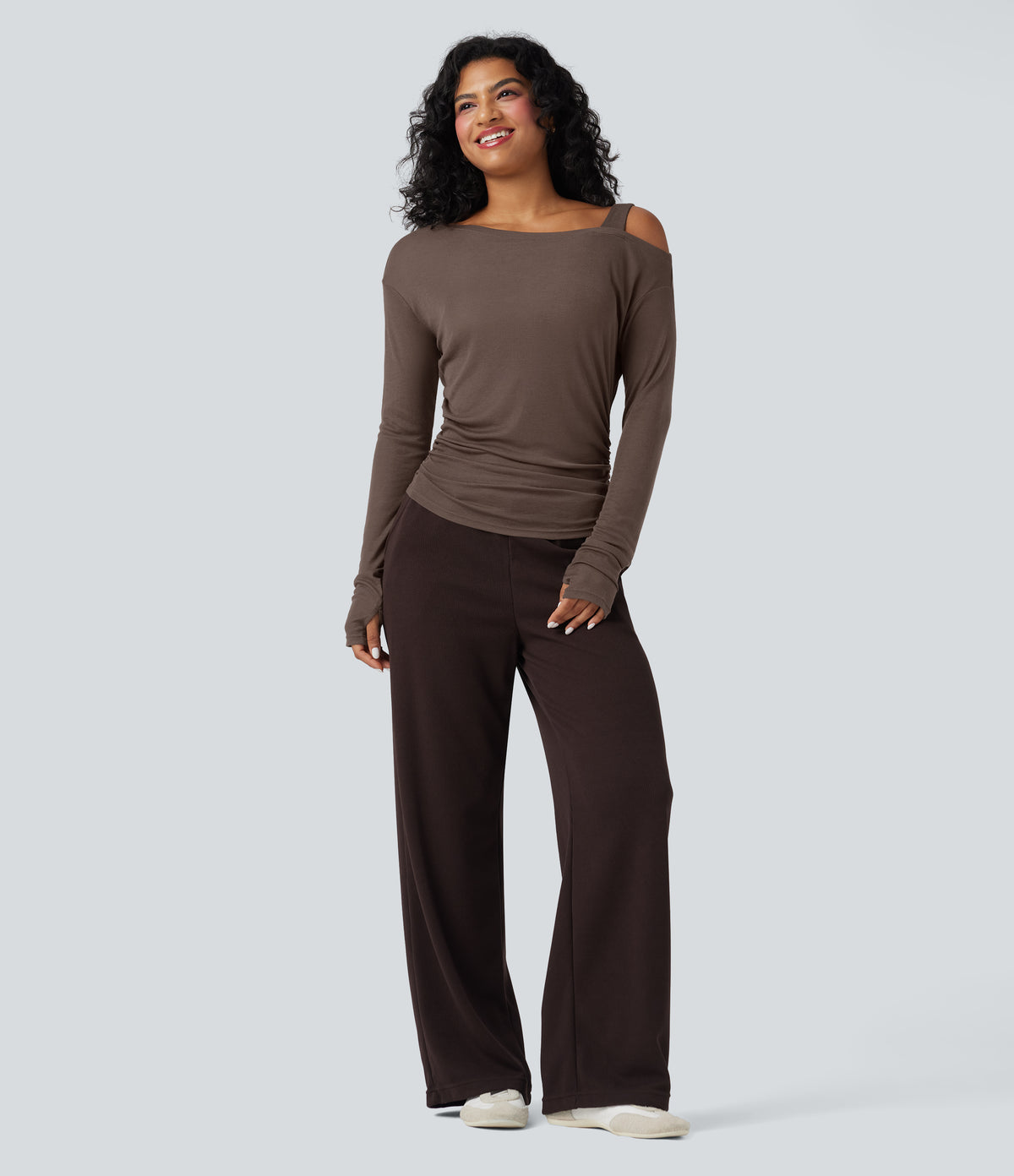 One-Shoulder Long Sleeve Asymmetrical Casual Wool-Blend T-Shirt — Coffee Quartz — view 8