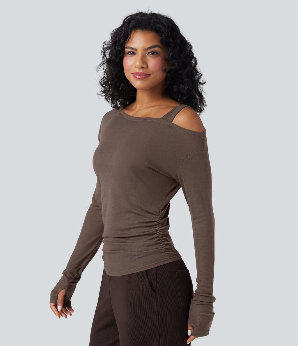 One-Shoulder Long Sleeve Asymmetrical Casual Wool-Blend T-Shirt — Coffee Quartz — view 4