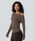 One-Shoulder Long Sleeve Asymmetrical Casual Wool-Blend T-Shirt — Coffee Quartz — view 4