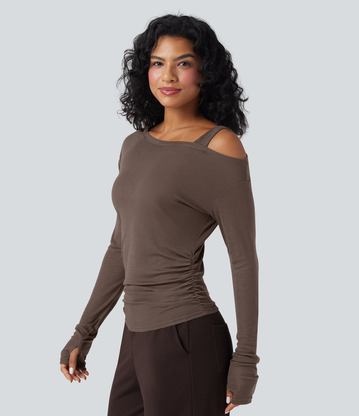 One-Shoulder Long Sleeve Asymmetrical Casual Wool-Blend T-Shirt — Coffee Quartz — view 4