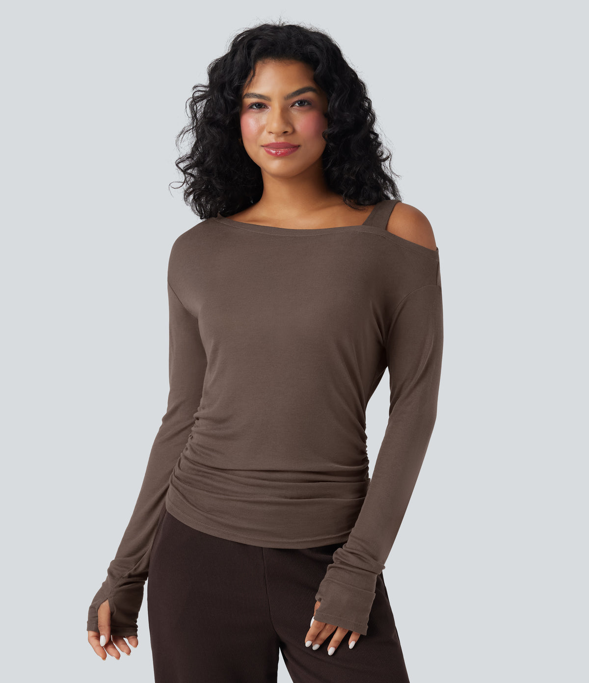 One-Shoulder Long Sleeve Asymmetrical Casual Wool-Blend T-Shirt — Coffee Quartz — view 2