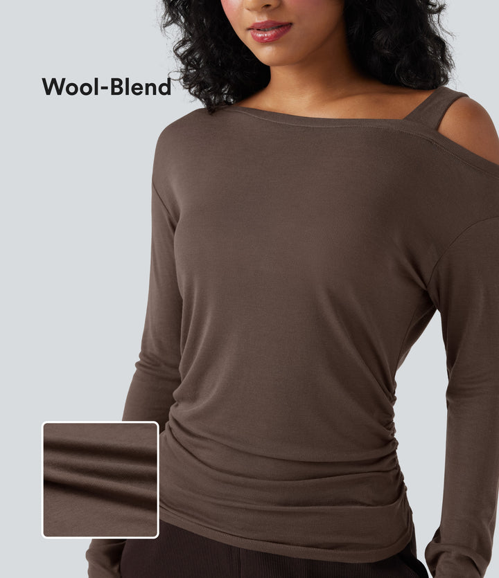 One-Shoulder Long Sleeve Asymmetrical Casual Wool-Blend T-Shirt — Coffee Quartz — view 1