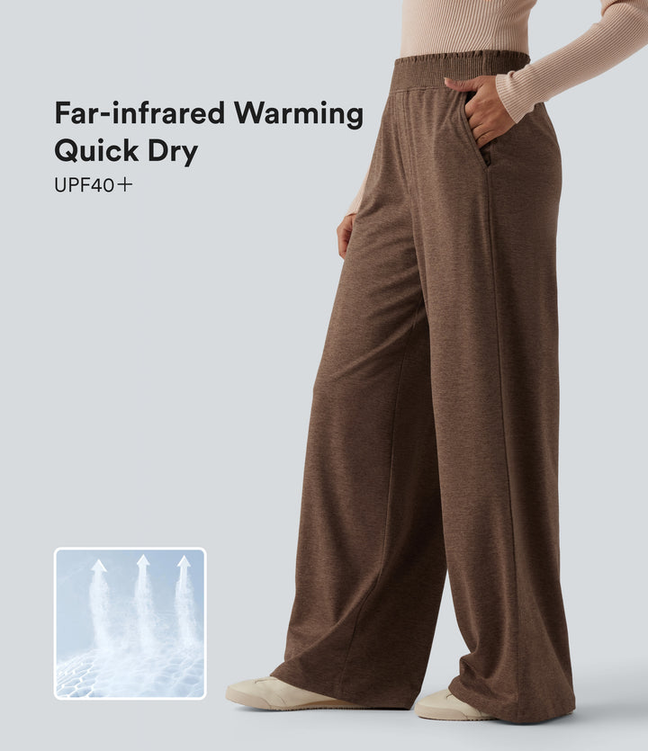 High Waisted Lettuce Trim Quick Dry Heathered Casual Wide Leg Sweatpants with Pockets-UPF40+ — Claystone — view 1