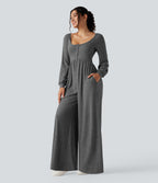 Scoop Neck Backless Long Sleeve Heathered Casual Wide Leg Jumpsuit with Pockets — Darl Gray Floral Yarn — view 3