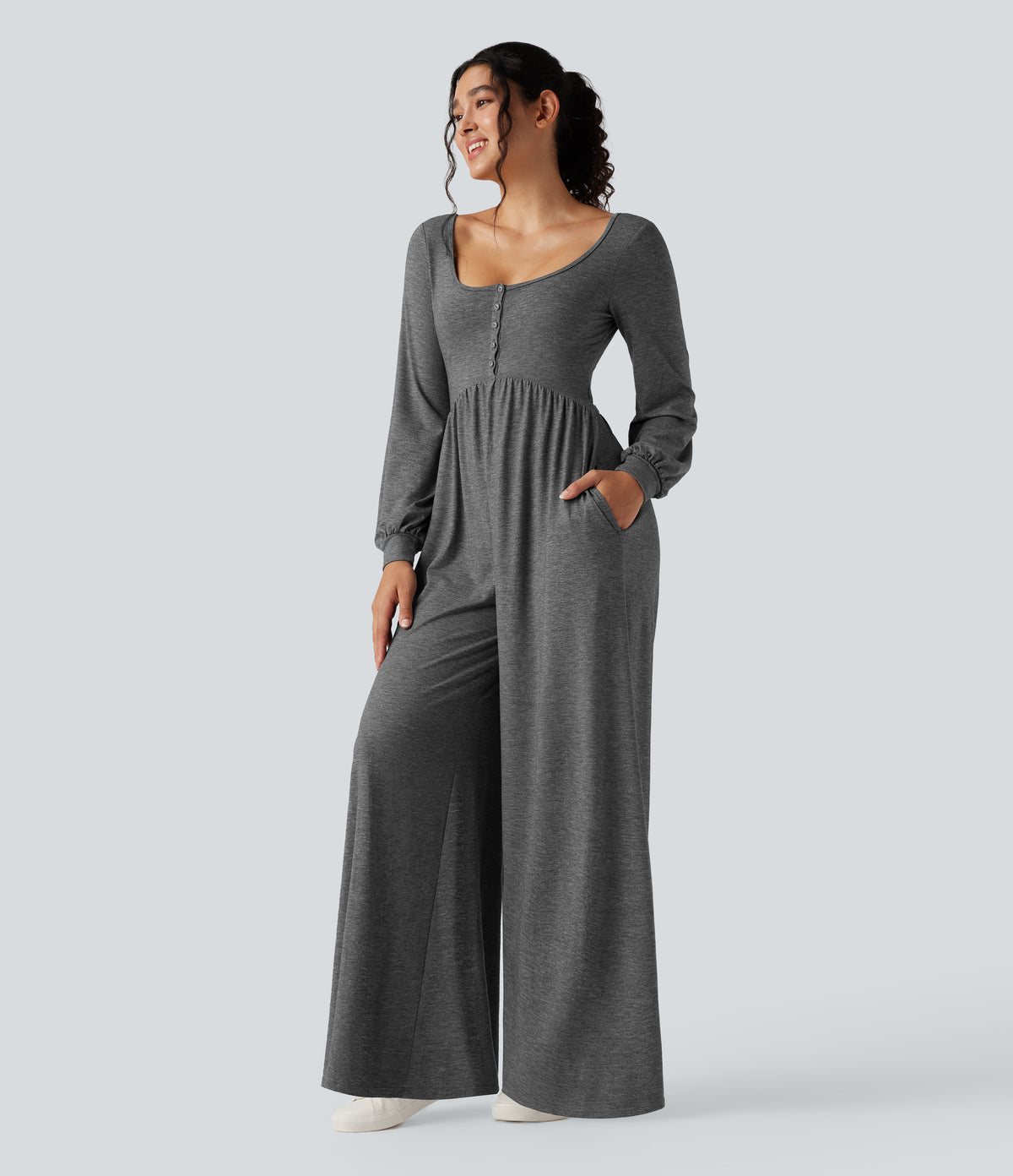 Scoop Neck Backless Long Sleeve Heathered Casual Wide Leg Jumpsuit with Pockets — Darl Gray Floral Yarn — view 3