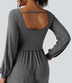 Scoop Neck Backless Long Sleeve Heathered Casual Wide Leg Jumpsuit with Pockets — Darl Gray Floral Yarn — view 5
