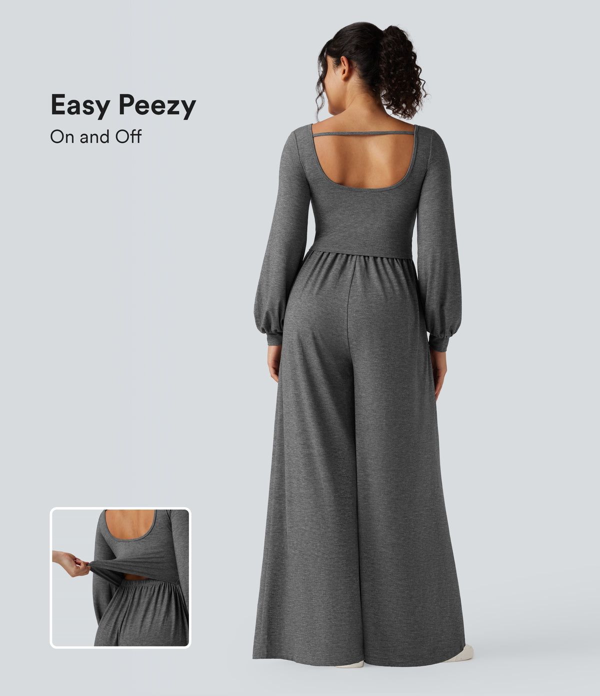 Scoop Neck Backless Long Sleeve Heathered Casual Wide Leg Jumpsuit with Pockets — Darl Gray Floral Yarn — view 1
