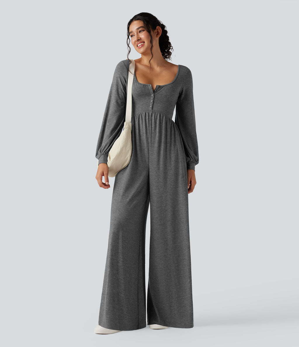 Scoop Neck Backless Long Sleeve Heathered Casual Wide Leg Jumpsuit with Pockets — Darl Gray Floral Yarn — view 7
