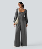 Scoop Neck Backless Long Sleeve Heathered Casual Wide Leg Jumpsuit with Pockets — Darl Gray Floral Yarn — view 7