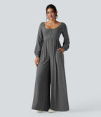 Scoop Neck Backless Long Sleeve Heathered Casual Wide Leg Jumpsuit with Pockets — Darl Gray Floral Yarn — view 2