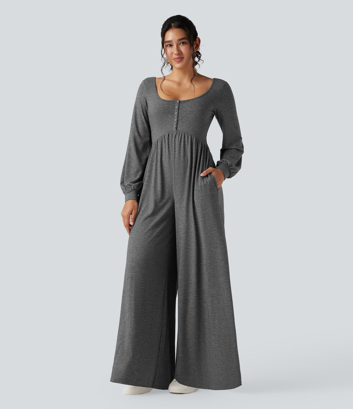 Scoop Neck Backless Long Sleeve Heathered Casual Wide Leg Jumpsuit with Pockets — Darl Gray Floral Yarn — view 2