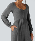 Scoop Neck Backless Long Sleeve Heathered Casual Wide Leg Jumpsuit with Pockets — Darl Gray Floral Yarn — view 6