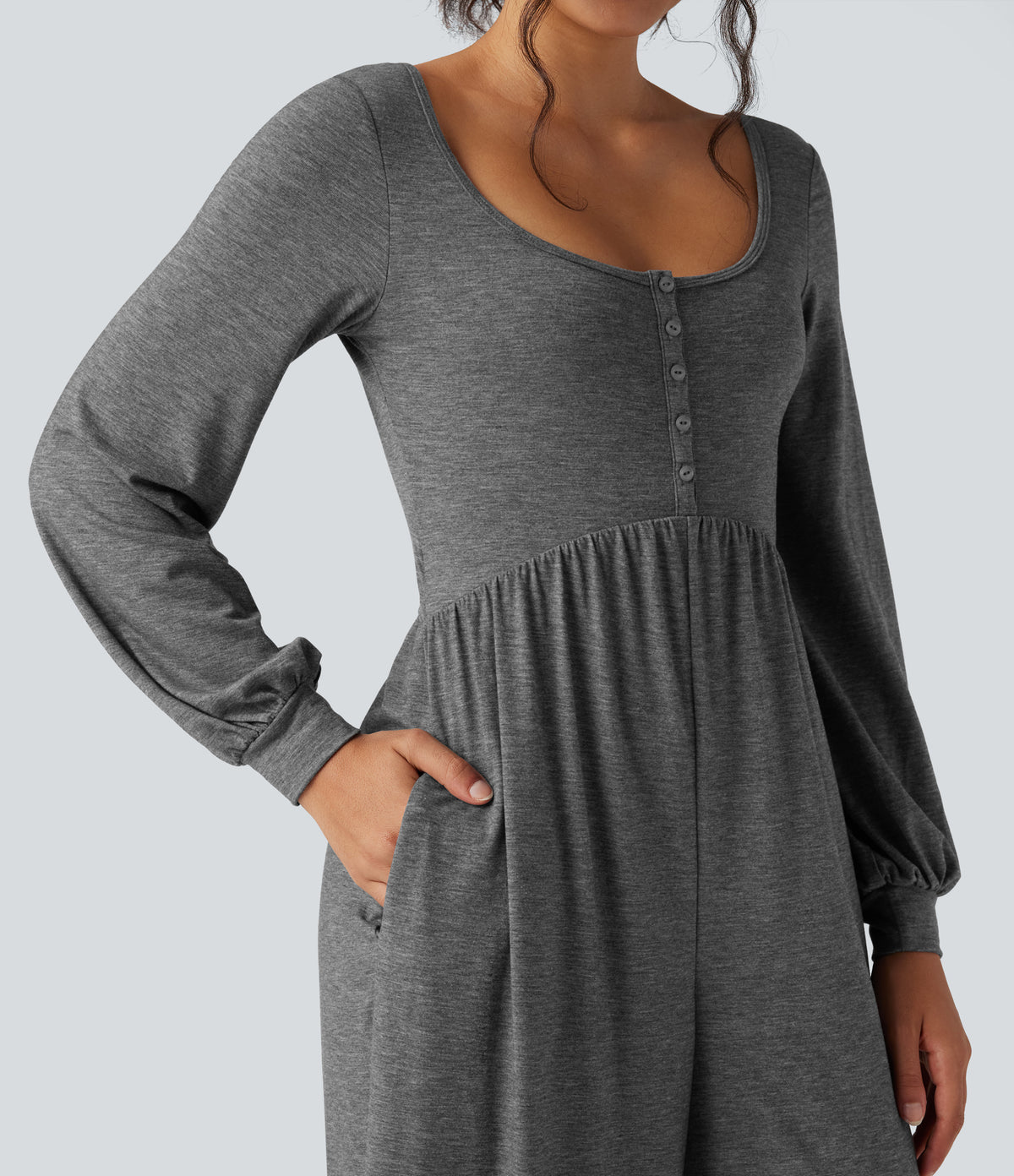 Scoop Neck Backless Long Sleeve Heathered Casual Wide Leg Jumpsuit with Pockets — Darl Gray Floral Yarn — view 6
