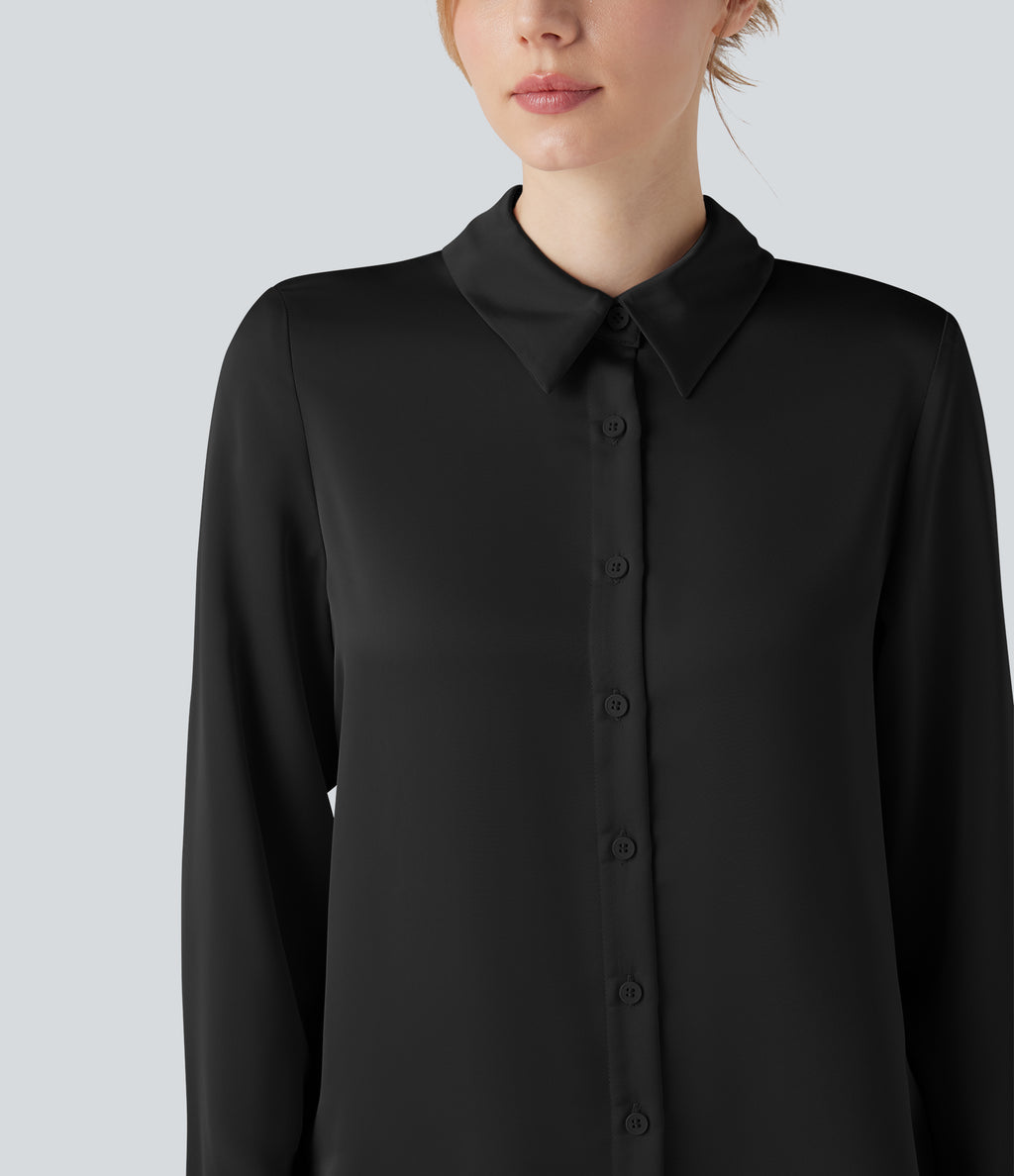 Long Sleeve Satin Work Shirt — Black — view 4