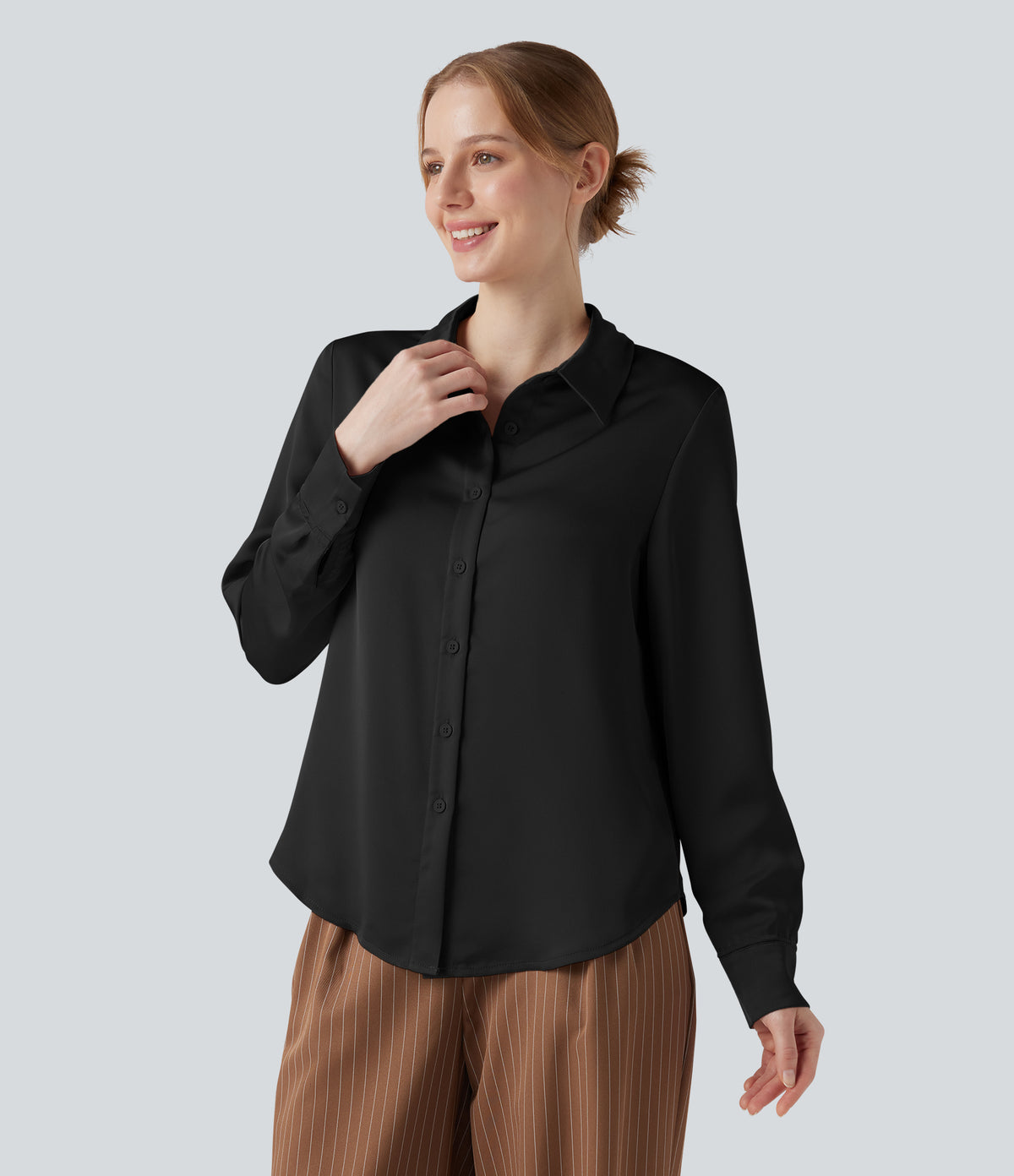 Long Sleeve Satin Work Shirt — Black — view 3