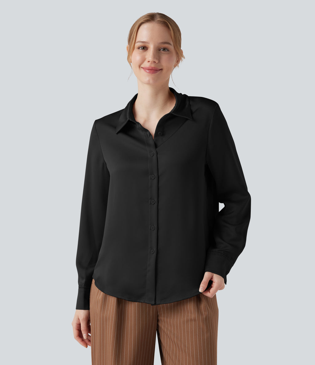 Long Sleeve Satin Work Shirt — Black — view 1