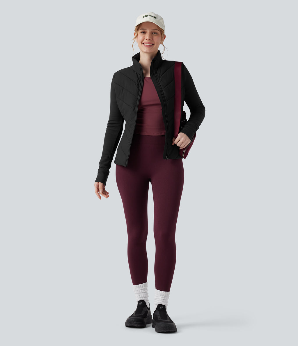 PuffFlex Stand Collar Zipper Long Sleeve Running Quilted Jacket with Pockets — Black — view 6