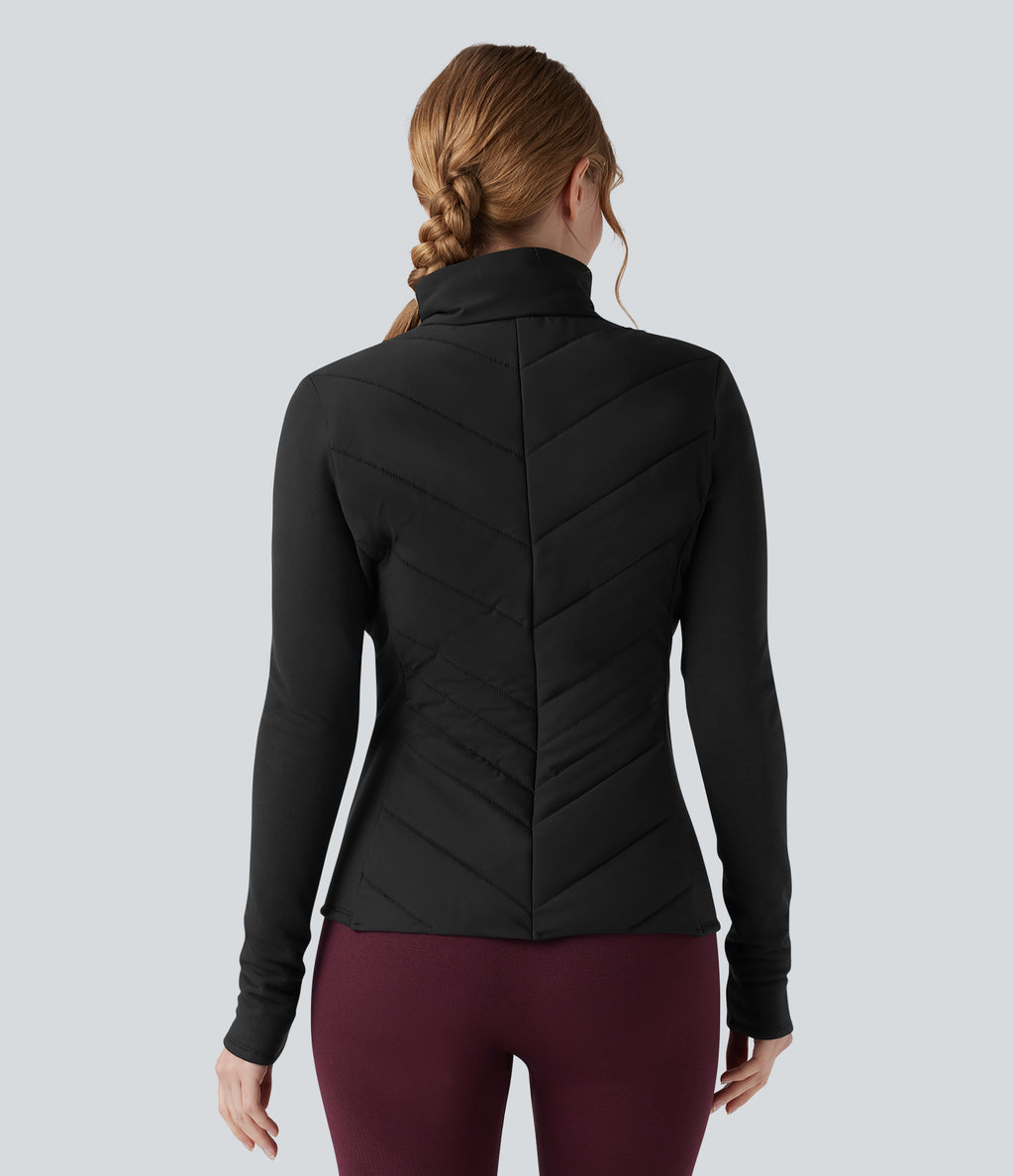 PuffFlex Stand Collar Zipper Long Sleeve Running Quilted Jacket with Pockets — Black — view 2