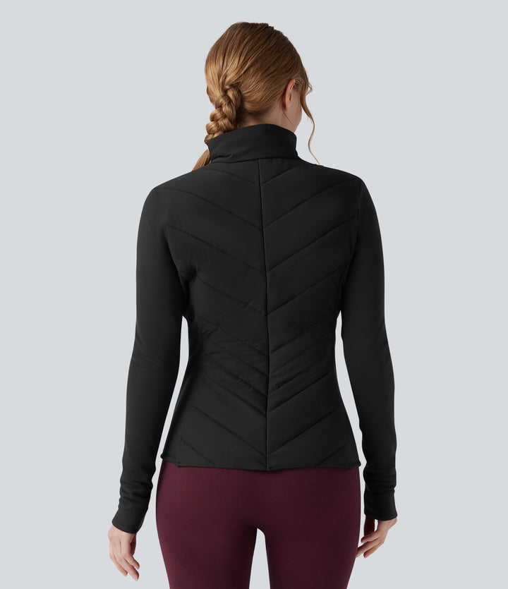 PuffFlex Stand Collar Zipper Long Sleeve Running Quilted Jacket with Pockets — Black — view 2