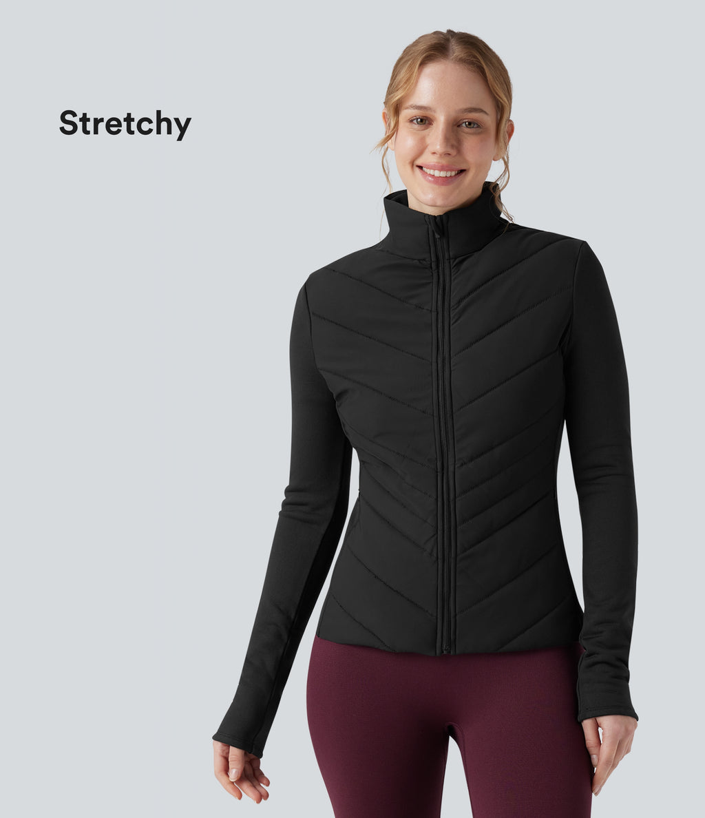 PuffFlex Stand Collar Zipper Long Sleeve Running Quilted Jacket with Pockets — Black — view 1