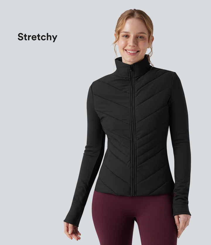 PuffFlex Stand Collar Zipper Long Sleeve Running Quilted Jacket with Pockets — Black — view 1