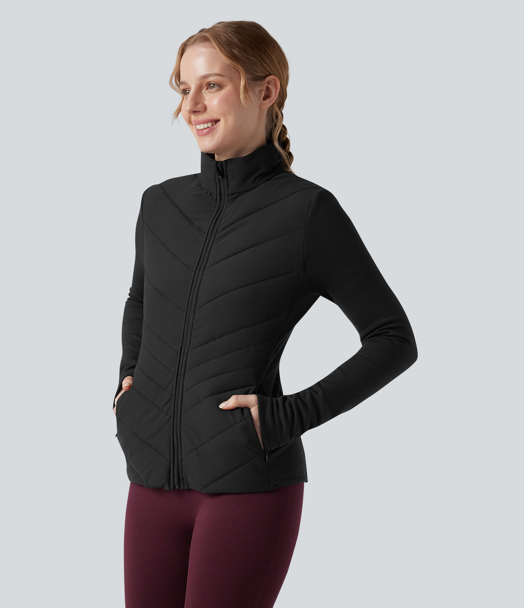 PuffFlex Stand Collar Zipper Long Sleeve Running Quilted Jacket with Pockets — Black — view 3