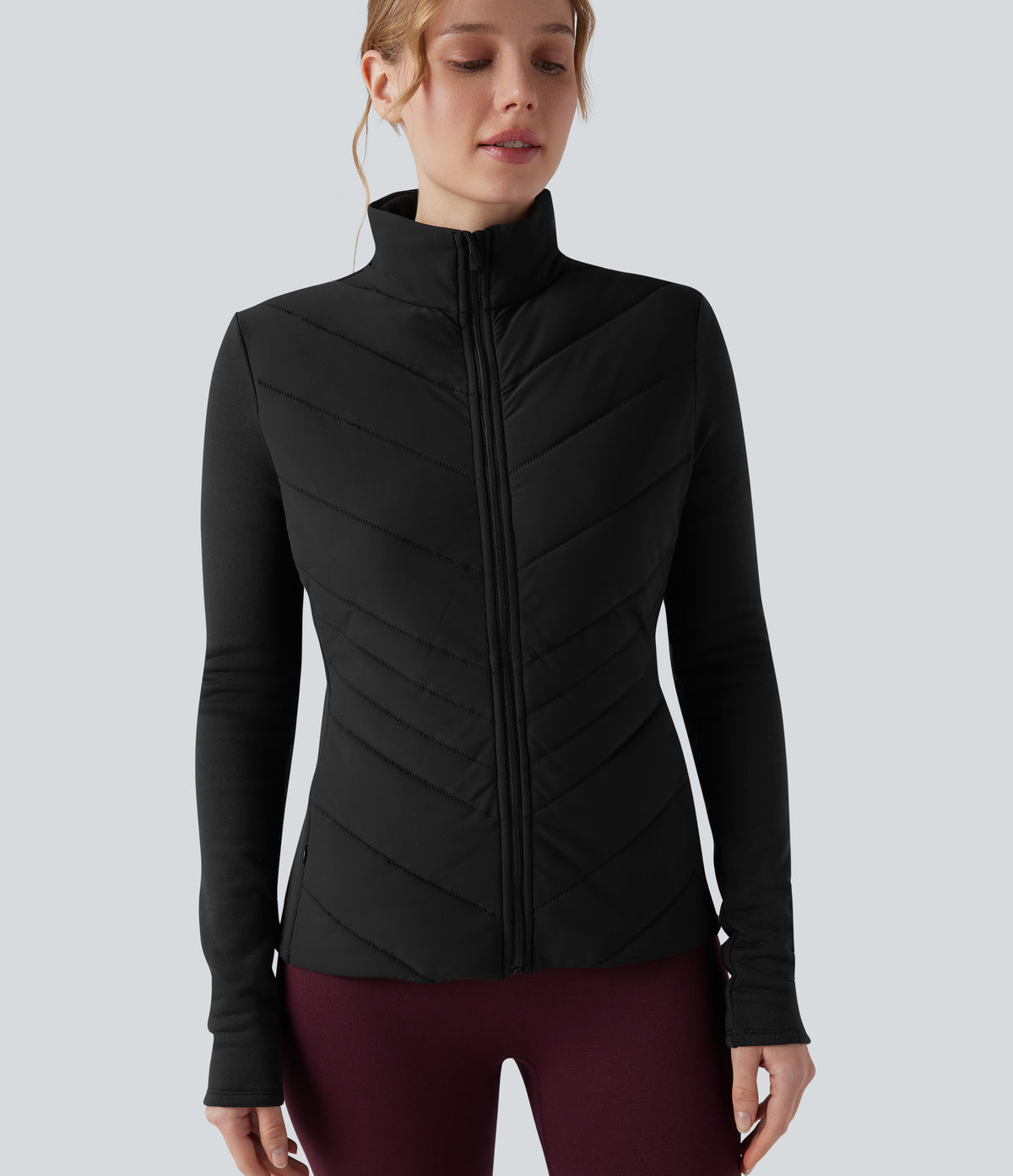 PuffFlex Stand Collar Zipper Long Sleeve Running Quilted Jacket with Pockets — Black — view 4