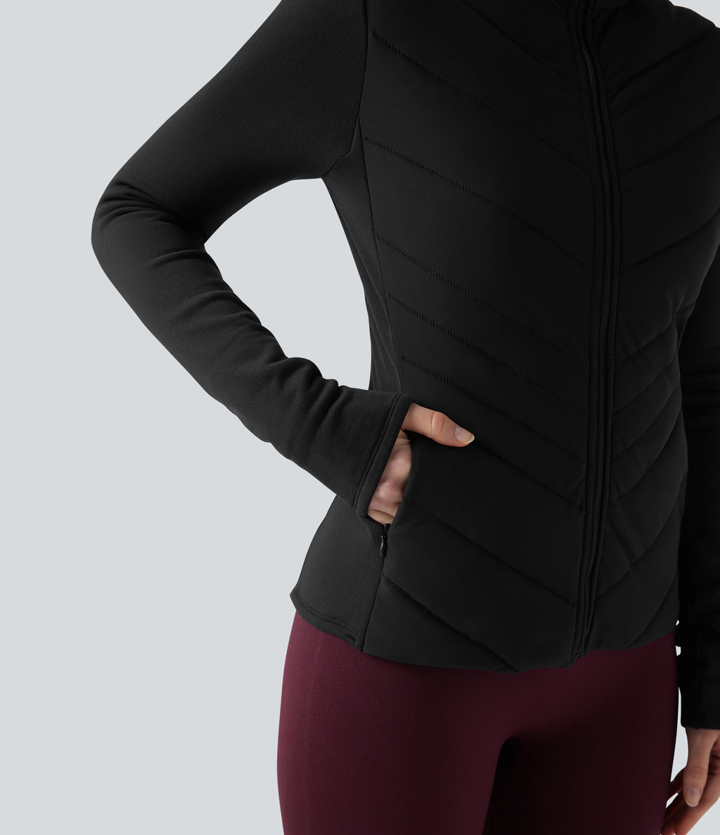 PuffFlex Stand Collar Zipper Long Sleeve Running Quilted Jacket with Pockets — Black — view 5