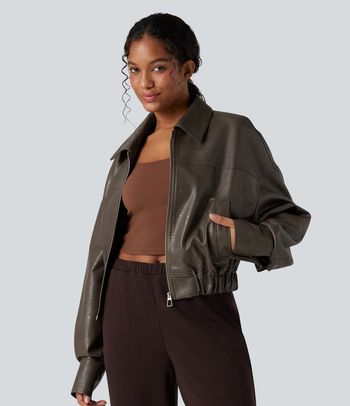 Zipper Long Sleeve Casual Faux Leather Jacket with Pockets — Bungee Cord — view 2