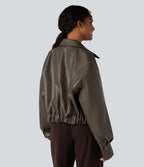 Zipper Long Sleeve Casual Faux Leather Jacket with Pockets — Bungee Cord — view 1