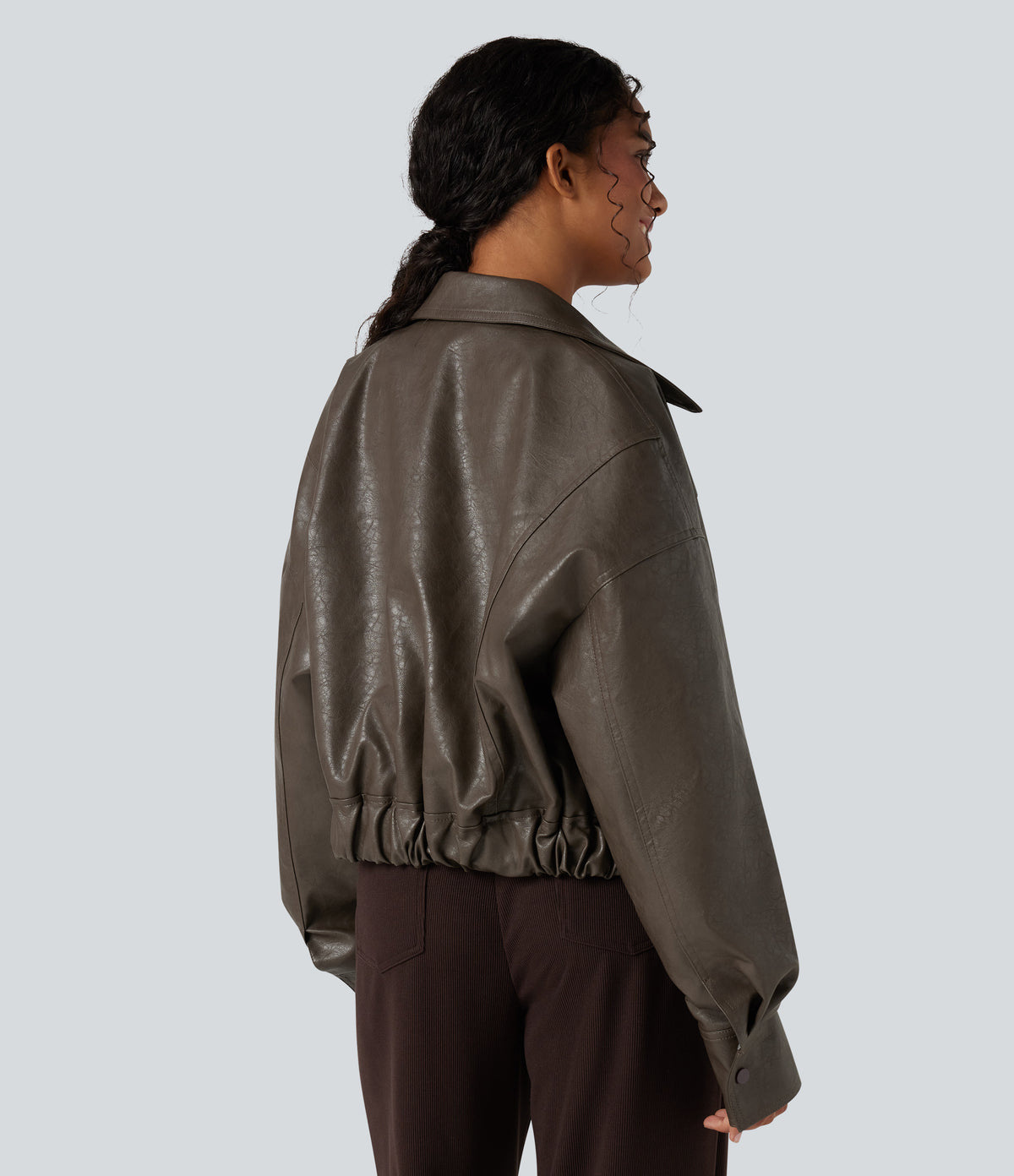 Zipper Long Sleeve Casual Faux Leather Jacket with Pockets — Bungee Cord — view 1