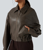 Zipper Long Sleeve Casual Faux Leather Jacket with Pockets — Bungee Cord — view 5