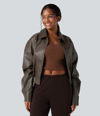 Zipper Long Sleeve Casual Faux Leather Jacket with Pockets — Bungee Cord — view 3