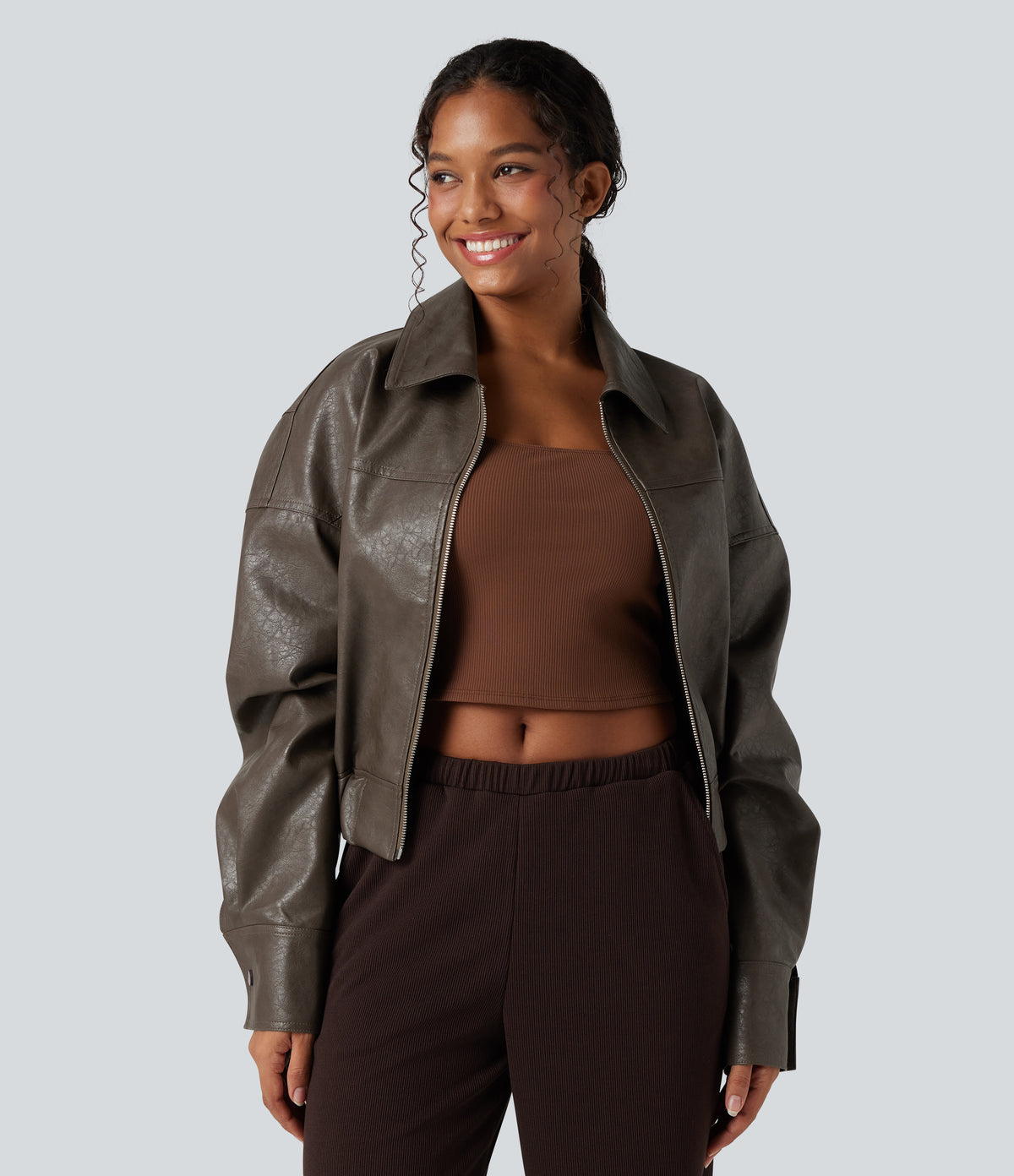 Zipper Long Sleeve Casual Faux Leather Jacket with Pockets — Bungee Cord — view 3
