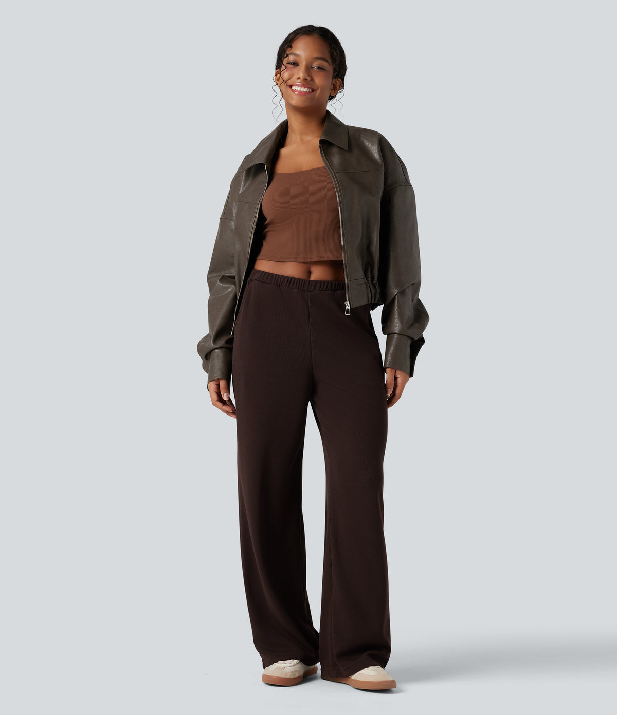 Zipper Long Sleeve Casual Faux Leather Jacket with Pockets — Bungee Cord — view 7
