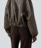 Zipper Long Sleeve Casual Faux Leather Jacket with Pockets — Bungee Cord — view 6