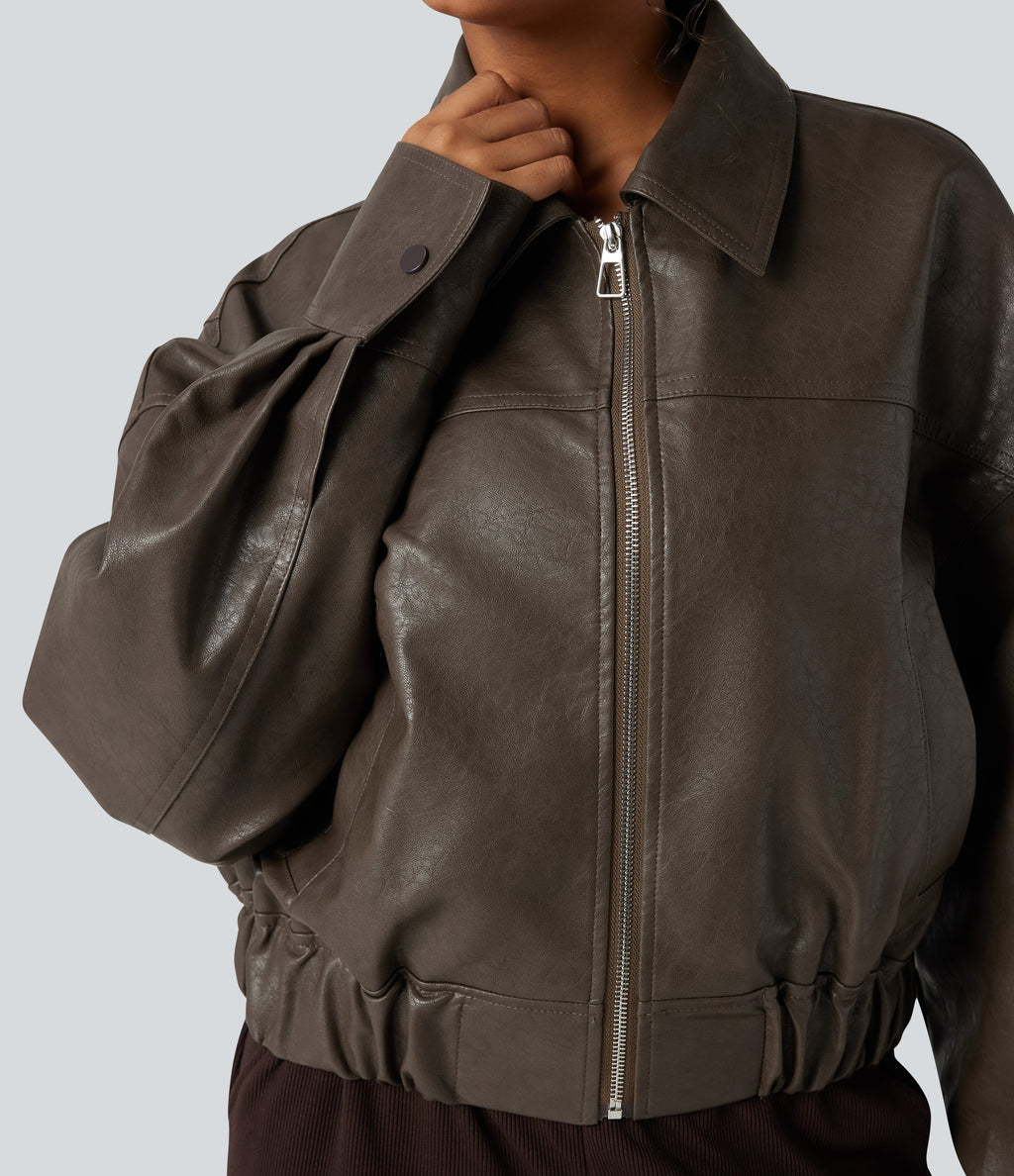 Zipper Long Sleeve Casual Faux Leather Jacket with Pockets — Bungee Cord — view 4