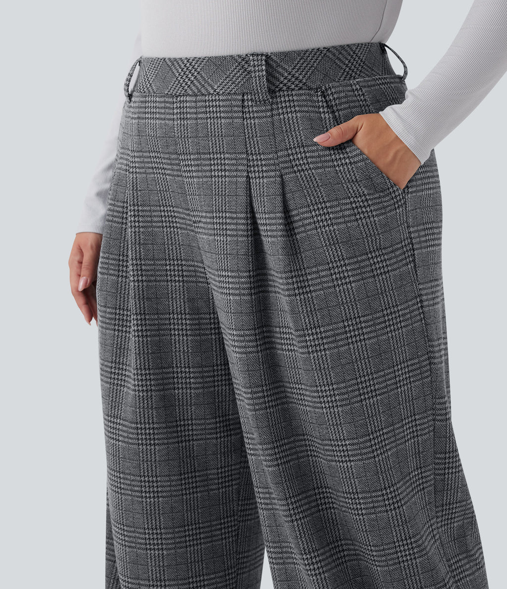 Plus Size High Waisted Wide Leg Houndstooth Plaid Casual Trousers with Pockets — Dark Gray Plaid — view 5